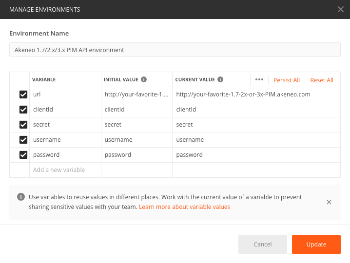 Postman environment popin